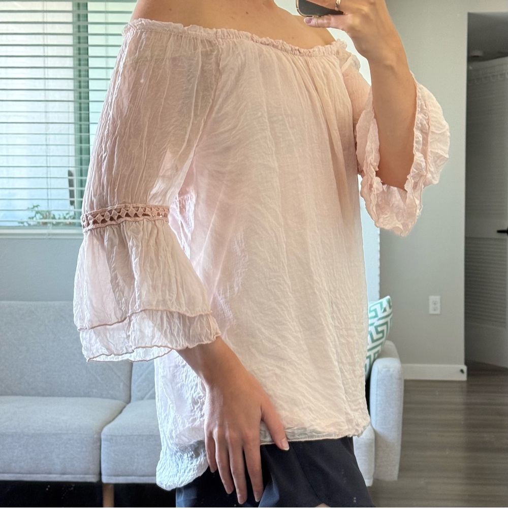 Elena Baldi Women’s L Pink Silk Boho Peasant Blouse Made in Italy Flowy Feminine
